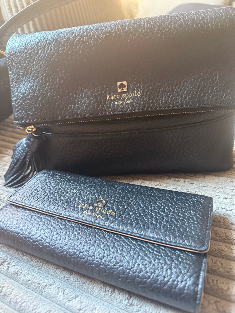 Kate Spade Black Pebbled Leather Shoulder Bag with Matching Wallet